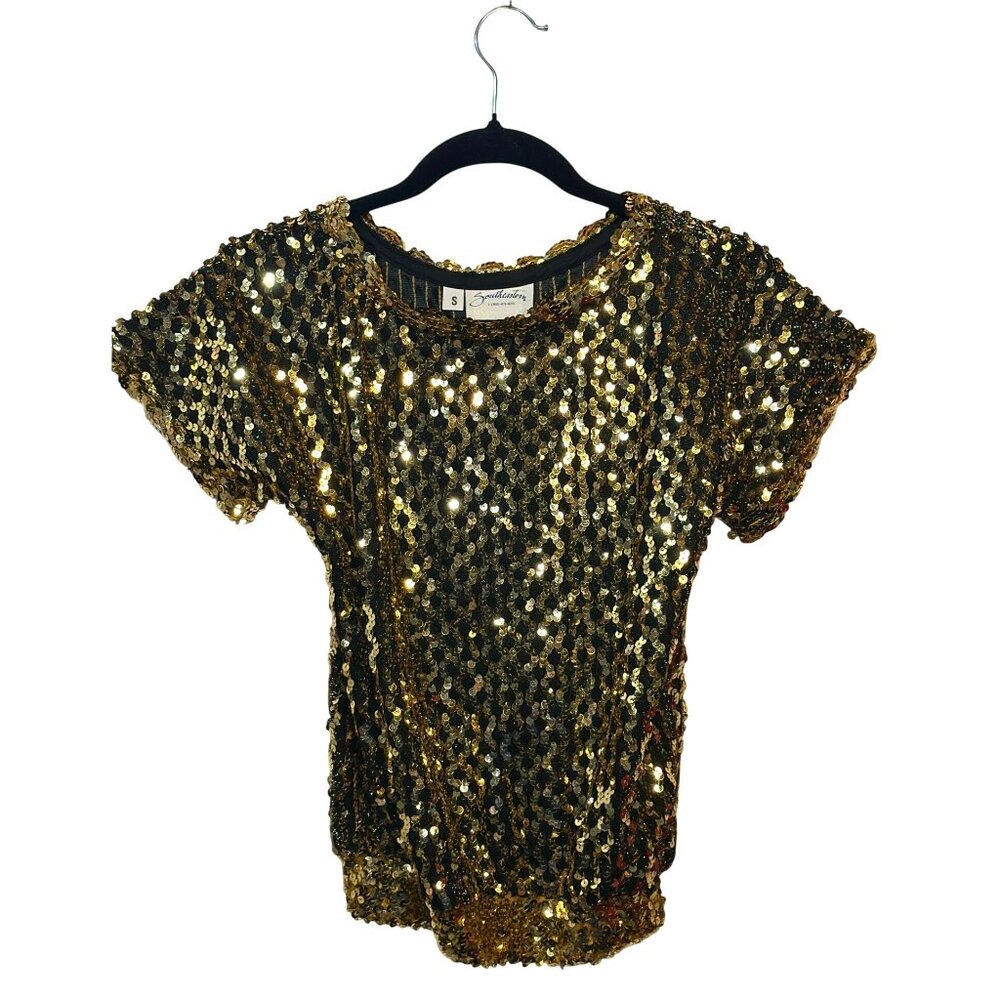 VTG Southeastern Gold Sequin Beaded Top Women Small 17"x21"‎ Sparkle Disco Party